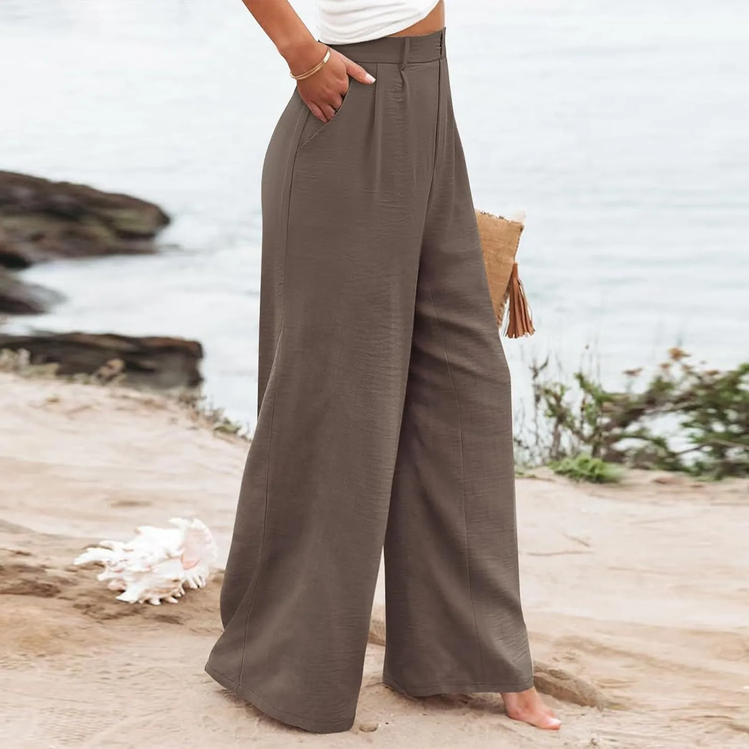Linen Wide Leg Dress Pants Women Tummy Control Business Casual Pants with Pockets Lightweight Comfy Work Trousers