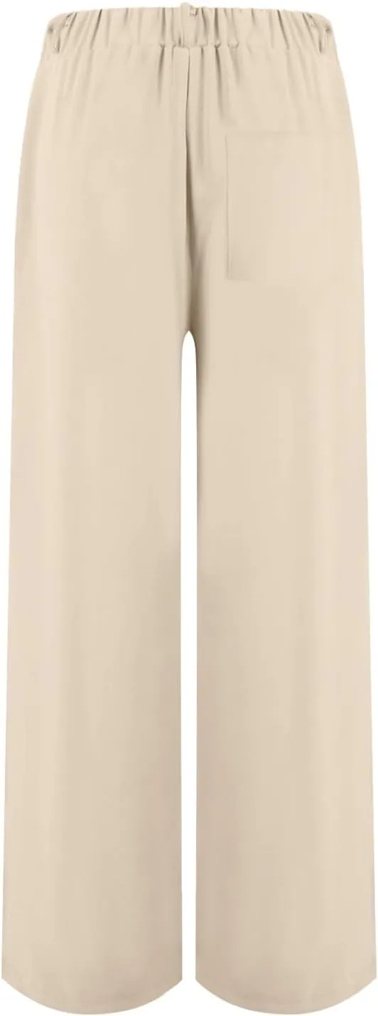 Linen Wide Leg Dress Pants Women Tummy Control Business Casual Pants with Pockets Lightweight Comfy Work Trousers