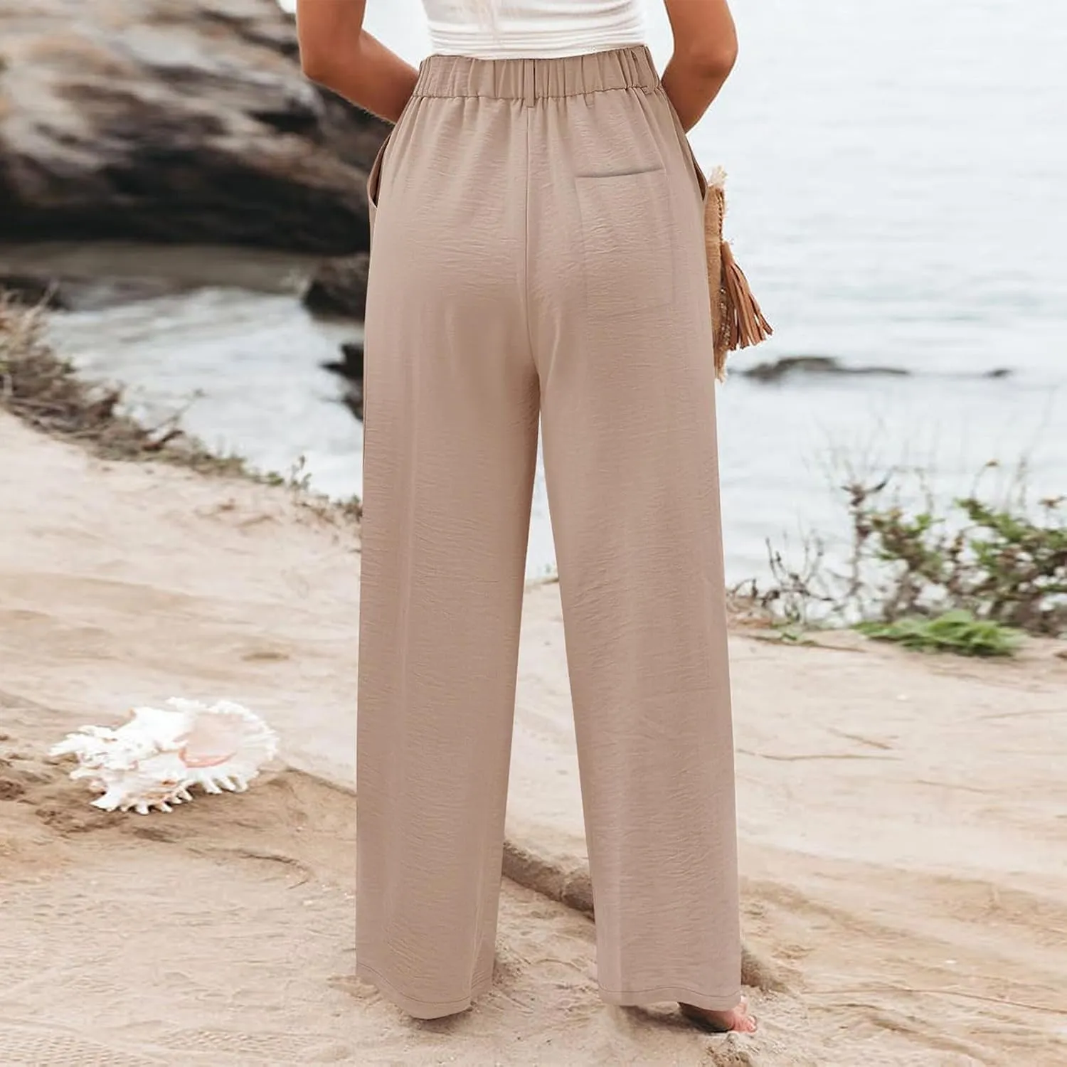 Linen Wide Leg Dress Pants Women Tummy Control Business Casual Pants with Pockets Lightweight Comfy Work Trousers