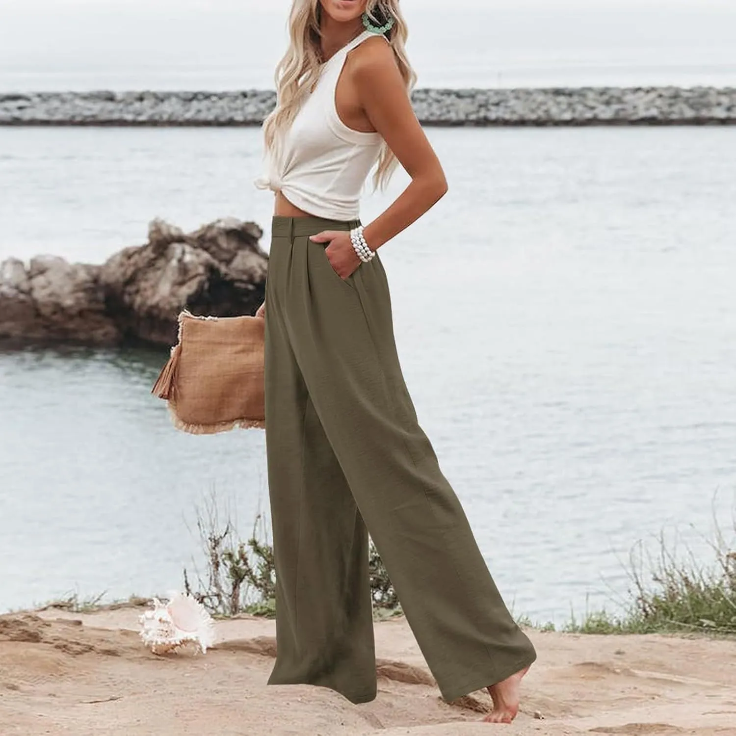 Linen Wide Leg Dress Pants Women Tummy Control Business Casual Pants with Pockets Lightweight Comfy Work Trousers