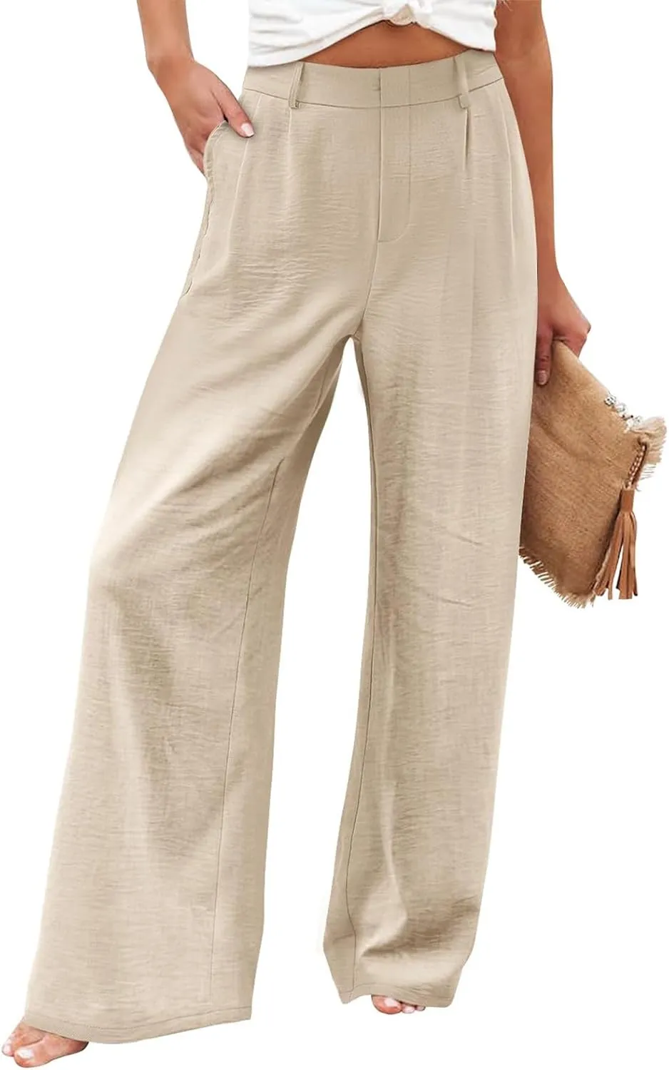 Linen Wide Leg Dress Pants Women Tummy Control Business Casual Pants with Pockets Lightweight Comfy Work Trousers