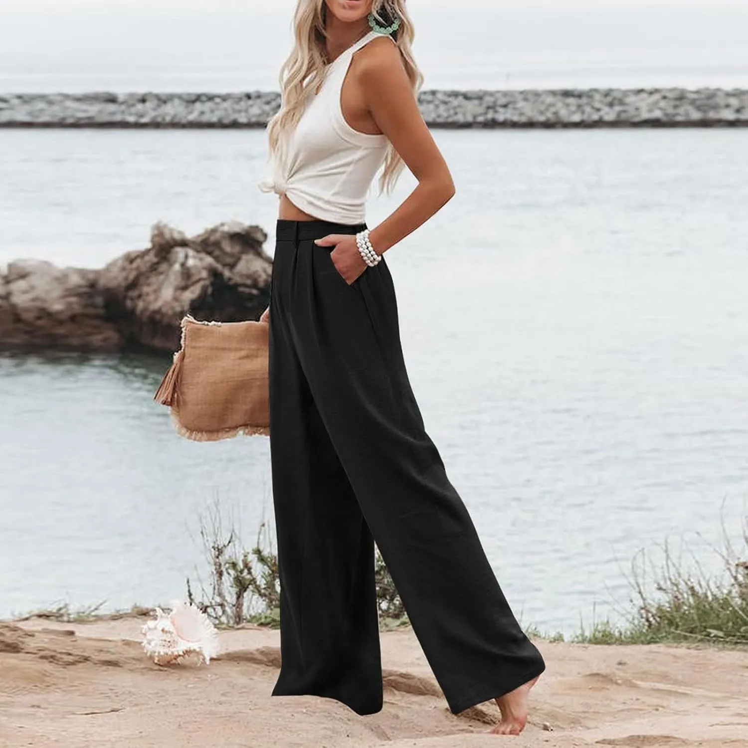 Linen Wide Leg Dress Pants Women Tummy Control Business Casual Pants with Pockets Lightweight Comfy Work Trousers
