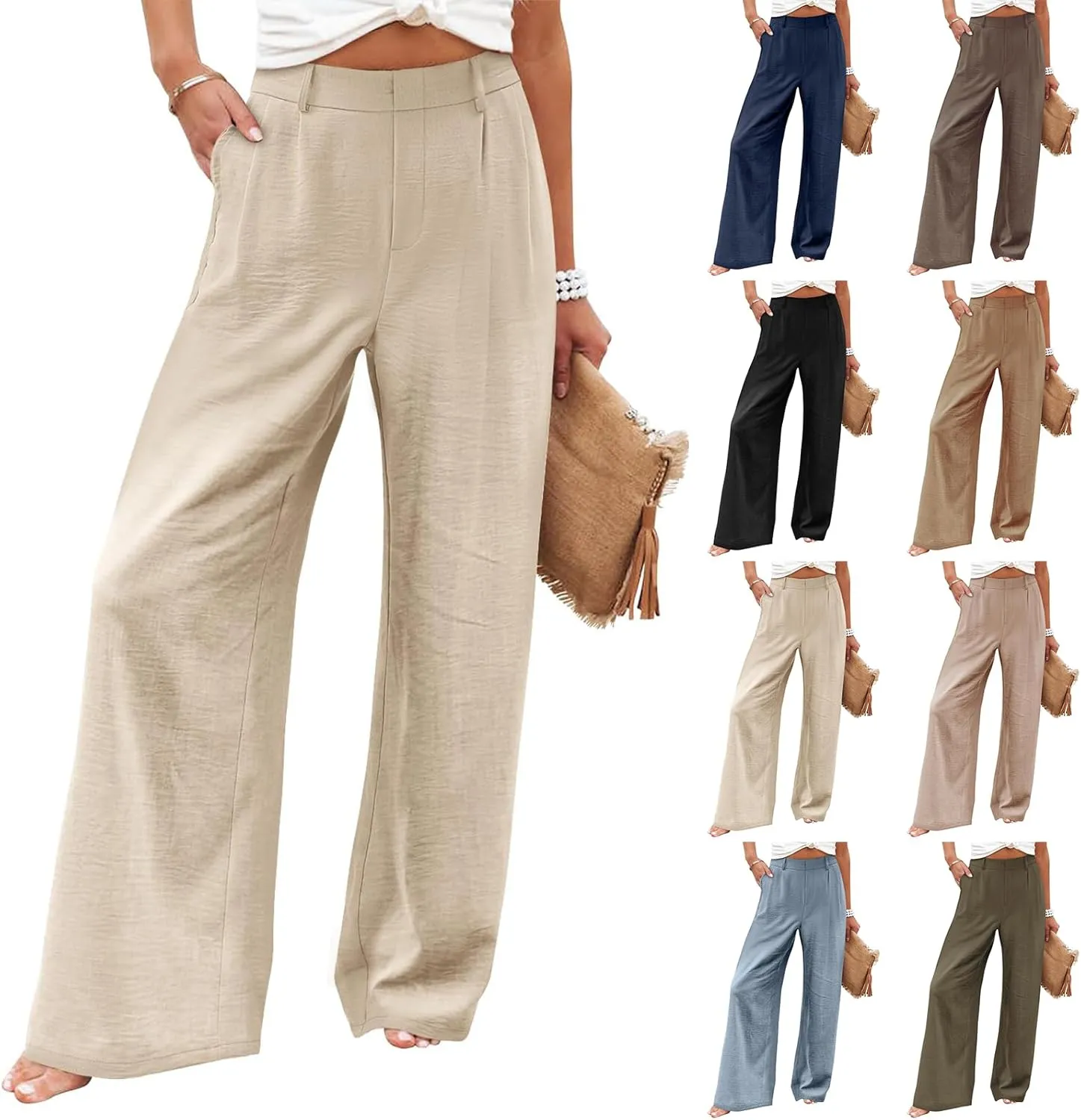 Linen Wide Leg Dress Pants Women Tummy Control Business Casual Pants with Pockets Lightweight Comfy Work Trousers