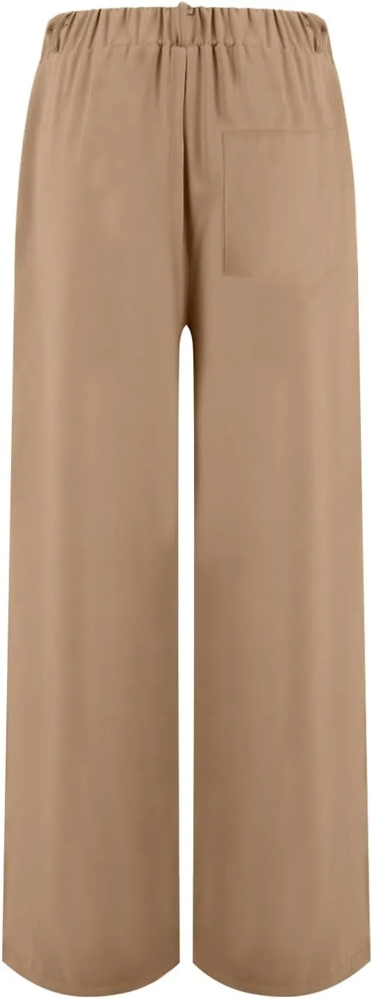 Linen Wide Leg Dress Pants Women Tummy Control Business Casual Pants with Pockets Lightweight Comfy Work Trousers