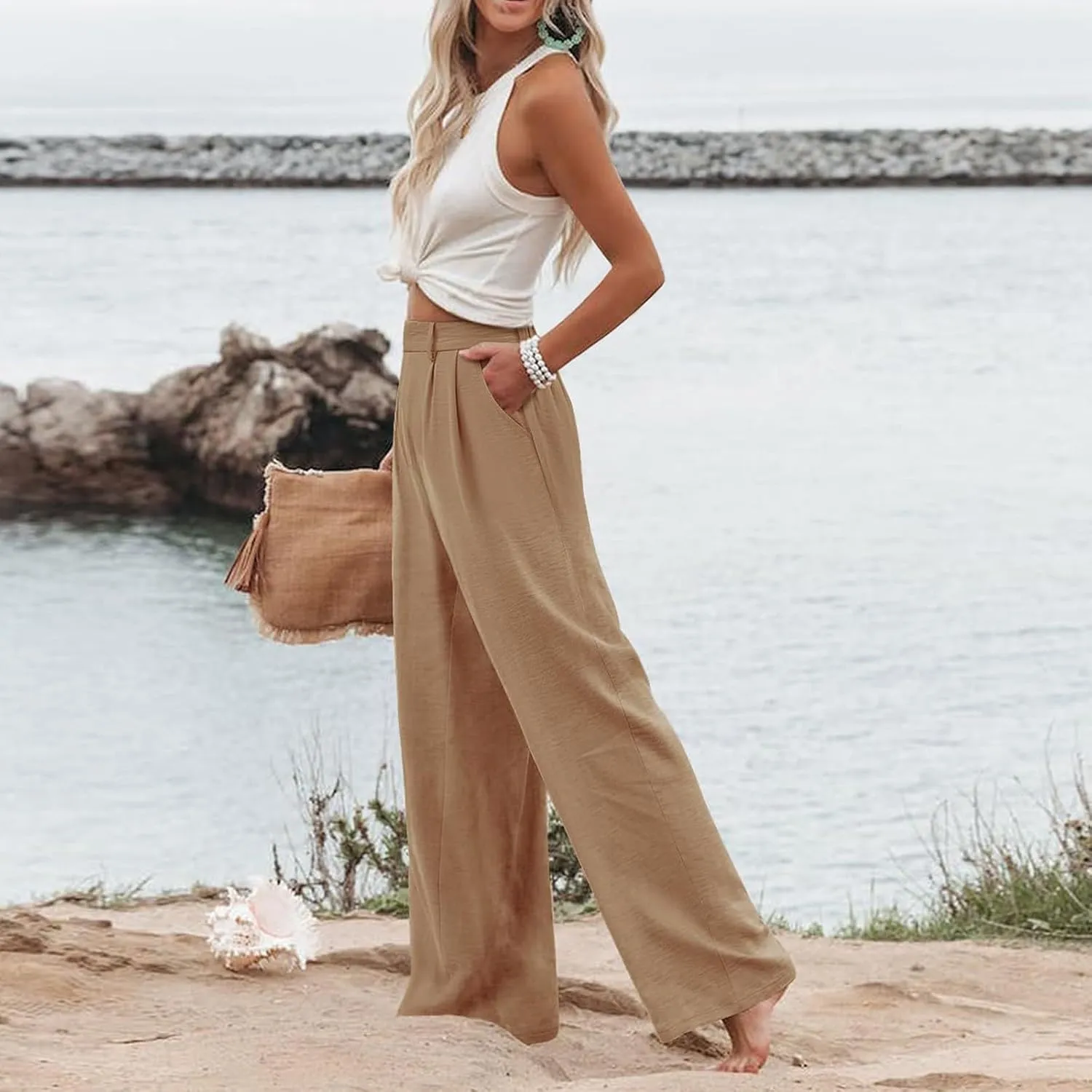 Linen Wide Leg Dress Pants Women Tummy Control Business Casual Pants with Pockets Lightweight Comfy Work Trousers