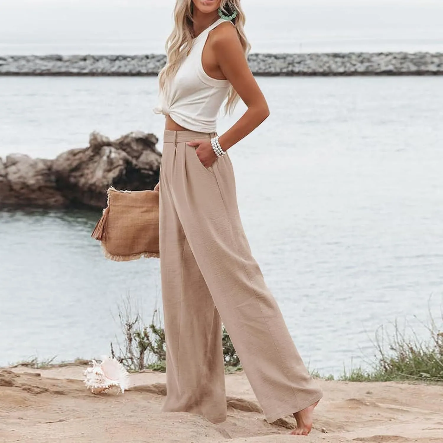 Linen Wide Leg Dress Pants Women Tummy Control Business Casual Pants with Pockets Lightweight Comfy Work Trousers