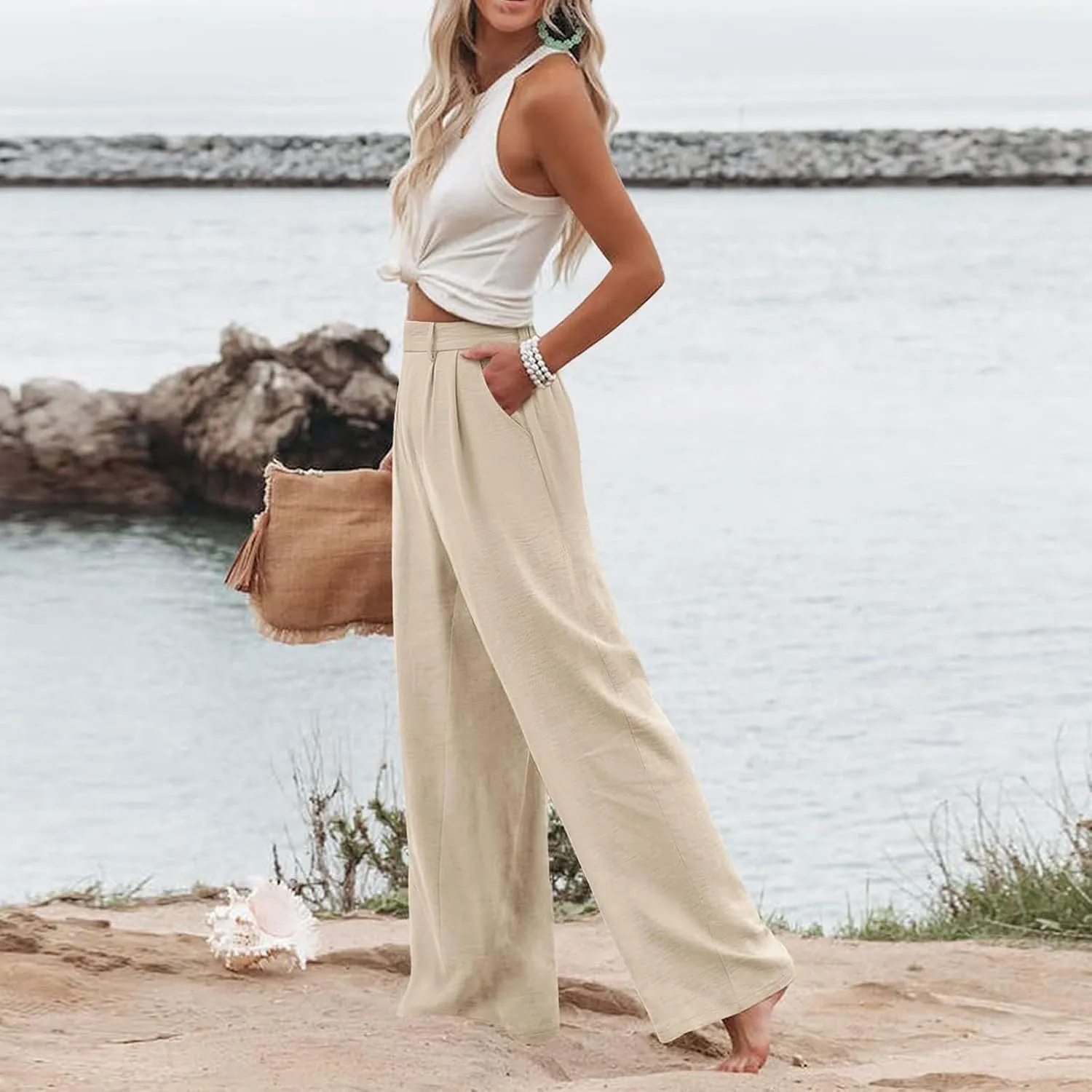 Linen Wide Leg Dress Pants Women Tummy Control Business Casual Pants with Pockets Lightweight Comfy Work Trousers