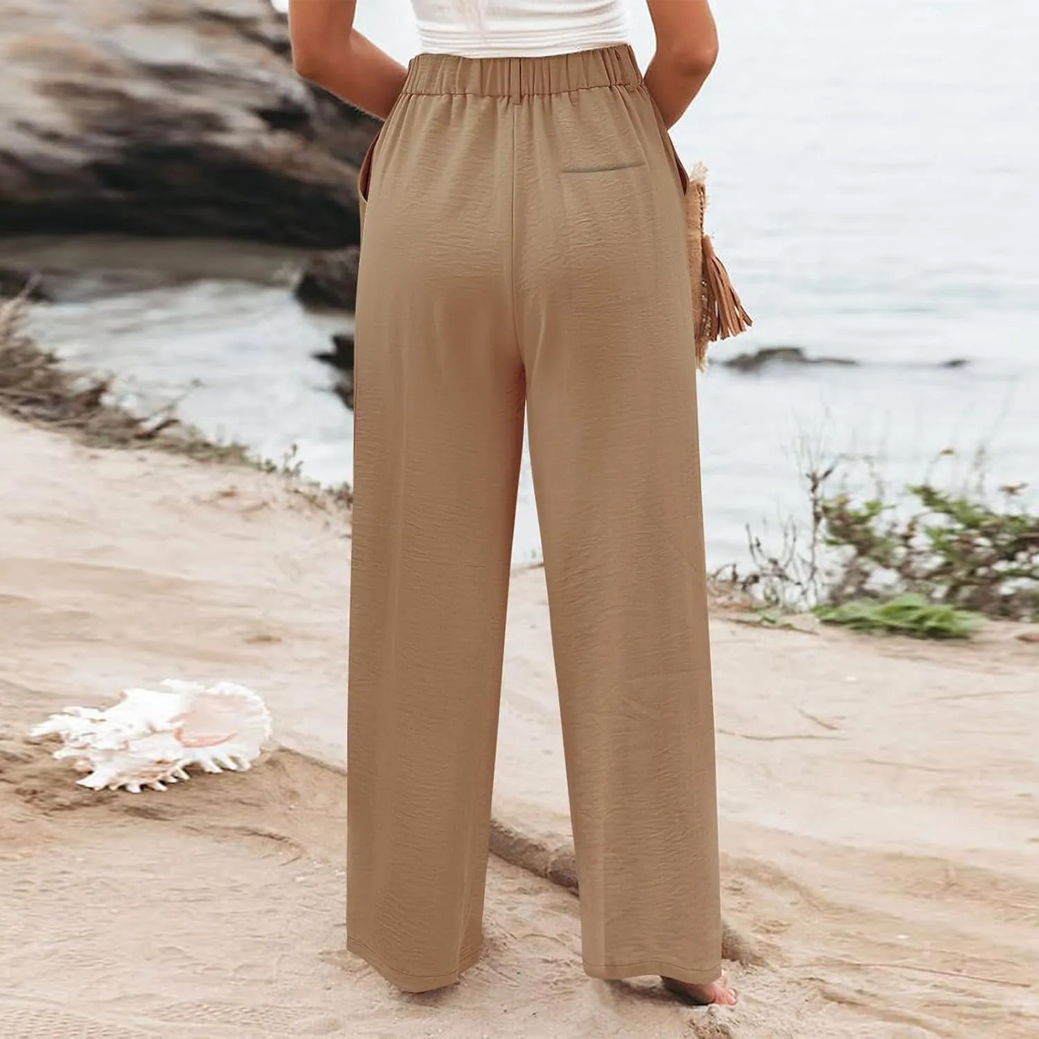 Linen Wide Leg Dress Pants Women Tummy Control Business Casual Pants with Pockets Lightweight Comfy Work Trousers