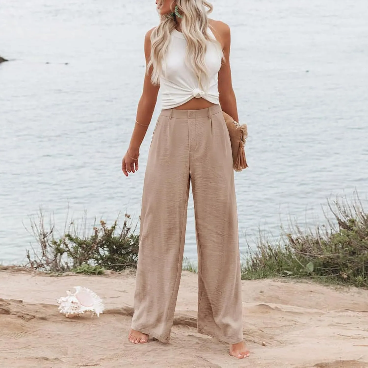 Linen Wide Leg Dress Pants Women Tummy Control Business Casual Pants with Pockets Lightweight Comfy Work Trousers