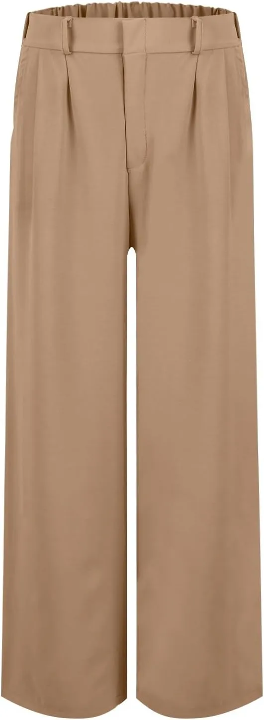 Linen Wide Leg Dress Pants Women Tummy Control Business Casual Pants with Pockets Lightweight Comfy Work Trousers