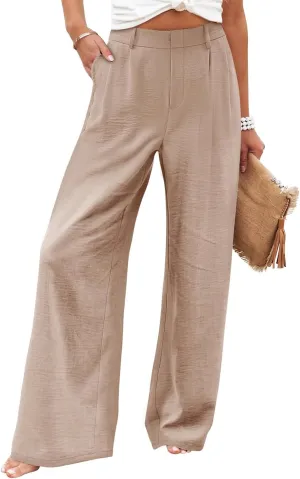Linen Wide Leg Dress Pants Women Tummy Control Business Casual Pants with Pockets Lightweight Comfy Work Trousers