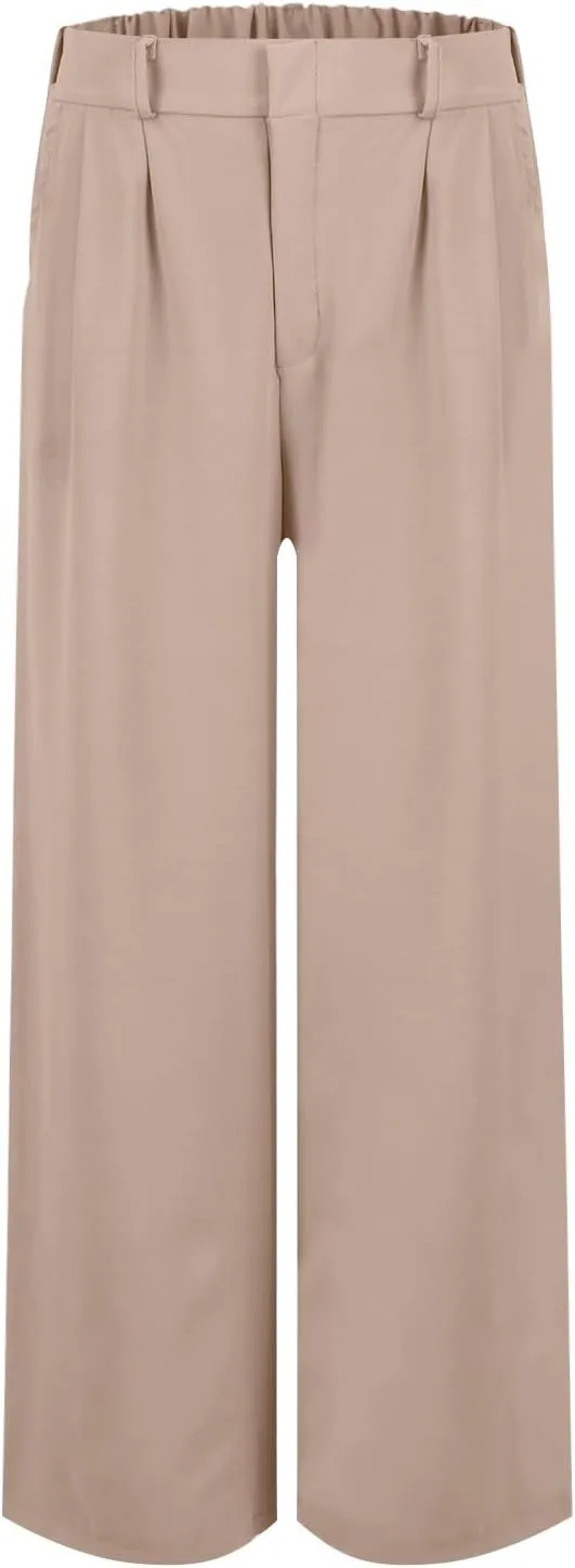 Linen Wide Leg Dress Pants Women Tummy Control Business Casual Pants with Pockets Lightweight Comfy Work Trousers