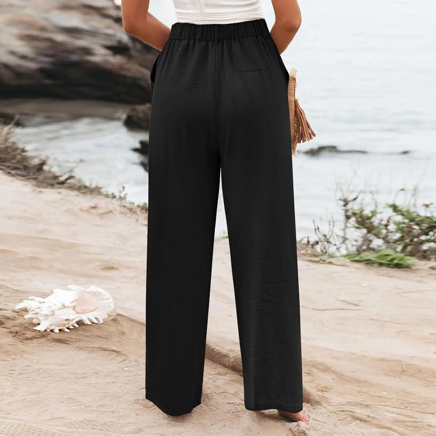 Linen Wide Leg Dress Pants Women Tummy Control Business Casual Pants with Pockets Lightweight Comfy Work Trousers