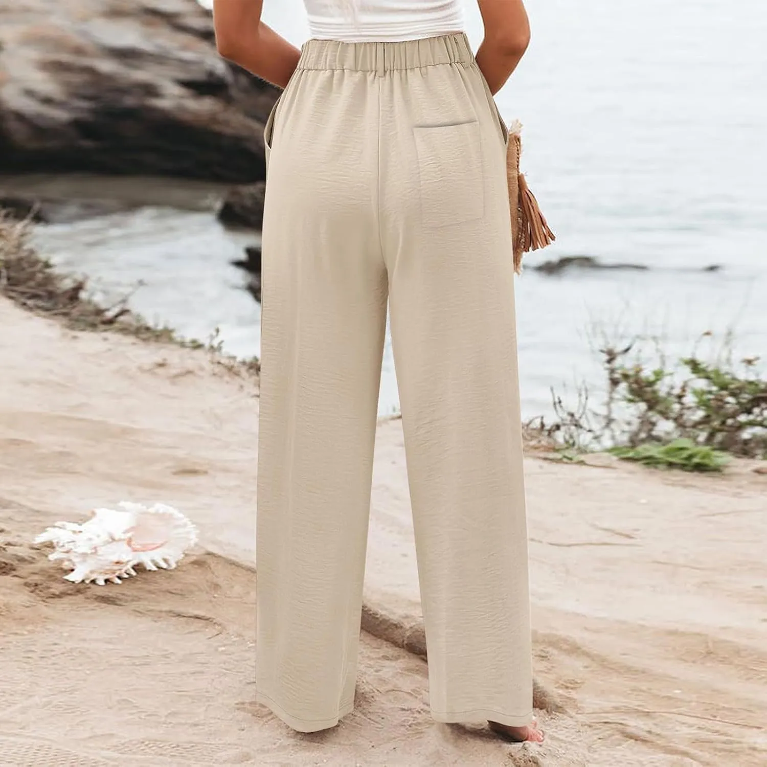 Linen Wide Leg Dress Pants Women Tummy Control Business Casual Pants with Pockets Lightweight Comfy Work Trousers