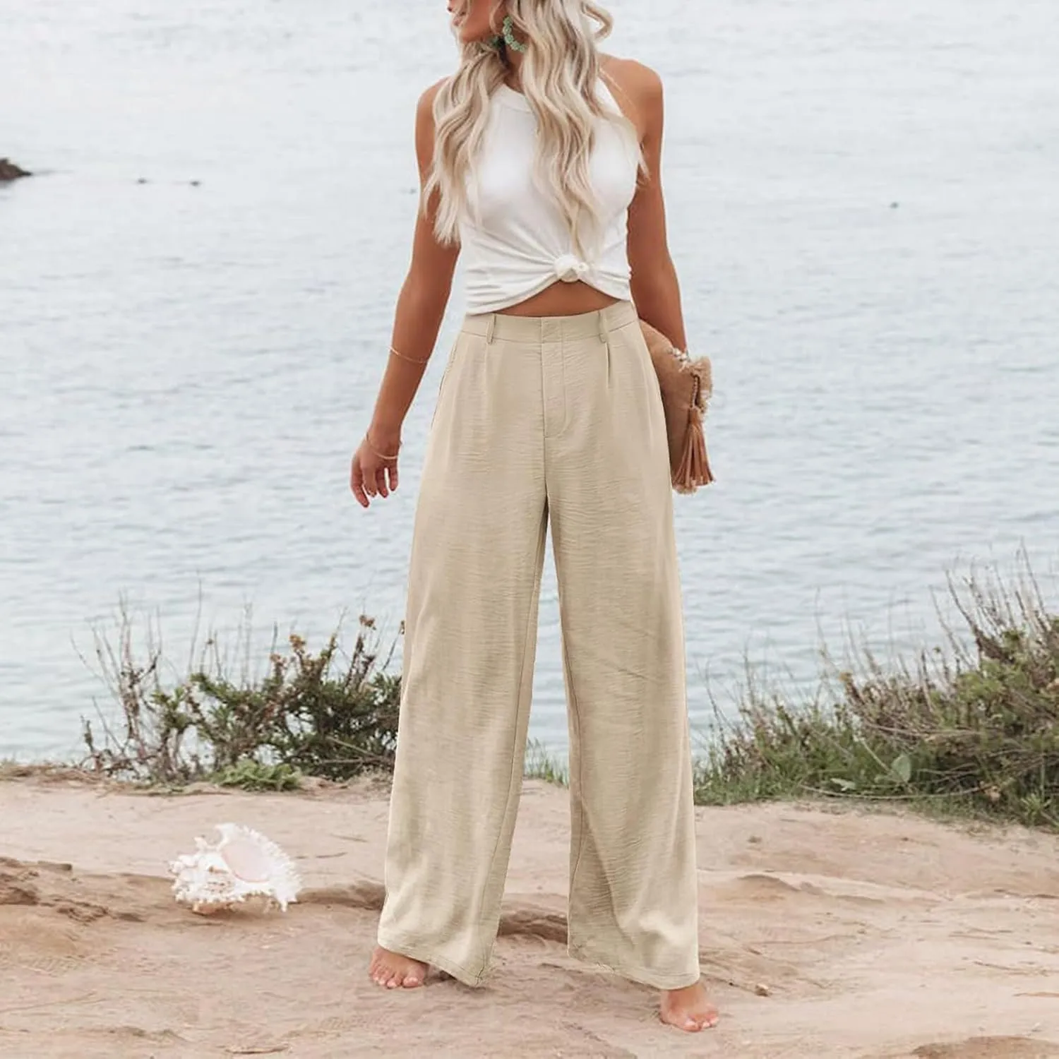 Linen Wide Leg Dress Pants Women Tummy Control Business Casual Pants with Pockets Lightweight Comfy Work Trousers