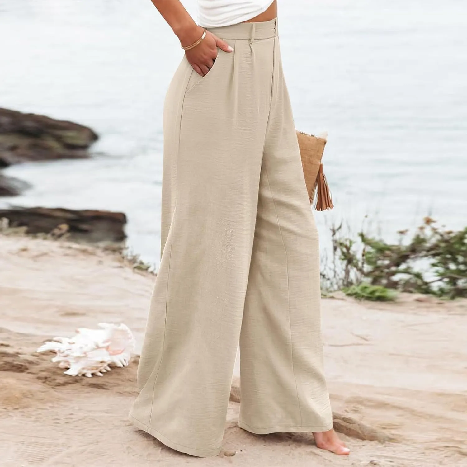 Linen Wide Leg Dress Pants Women Tummy Control Business Casual Pants with Pockets Lightweight Comfy Work Trousers
