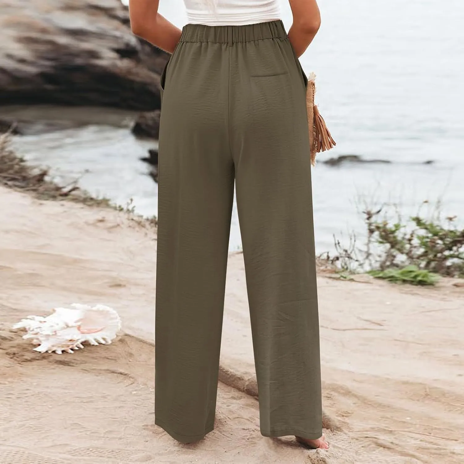 Linen Wide Leg Dress Pants Women Tummy Control Business Casual Pants with Pockets Lightweight Comfy Work Trousers