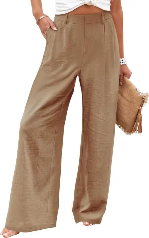 Linen Wide Leg Dress Pants Women Tummy Control Business Casual Pants with Pockets Lightweight Comfy Work Trousers