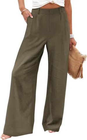 Linen Wide Leg Dress Pants Women Tummy Control Business Casual Pants with Pockets Lightweight Comfy Work Trousers
