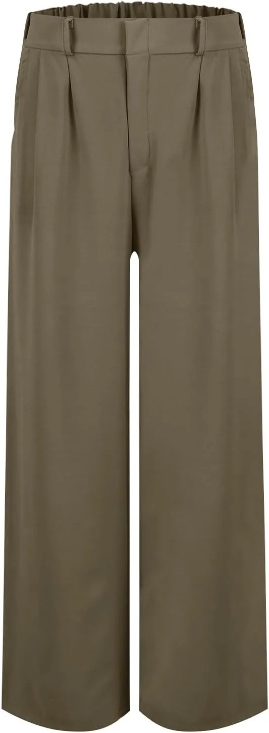 Linen Wide Leg Dress Pants Women Tummy Control Business Casual Pants with Pockets Lightweight Comfy Work Trousers