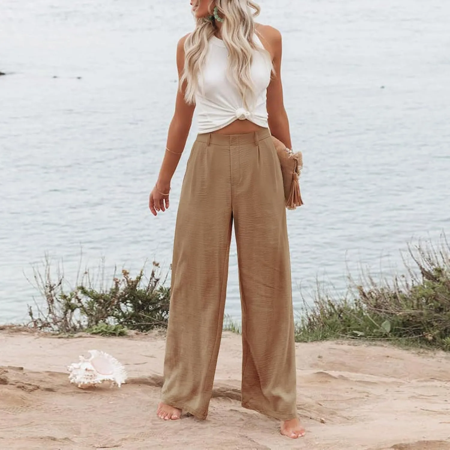 Linen Wide Leg Dress Pants Women Tummy Control Business Casual Pants with Pockets Lightweight Comfy Work Trousers