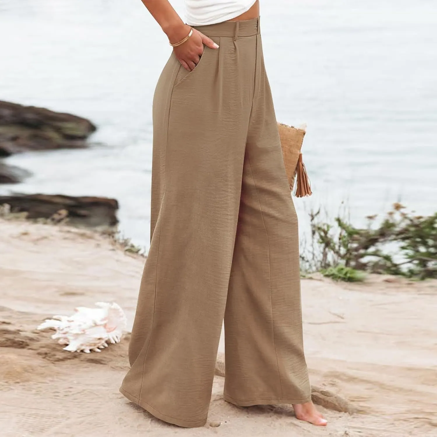 Linen Wide Leg Dress Pants Women Tummy Control Business Casual Pants with Pockets Lightweight Comfy Work Trousers