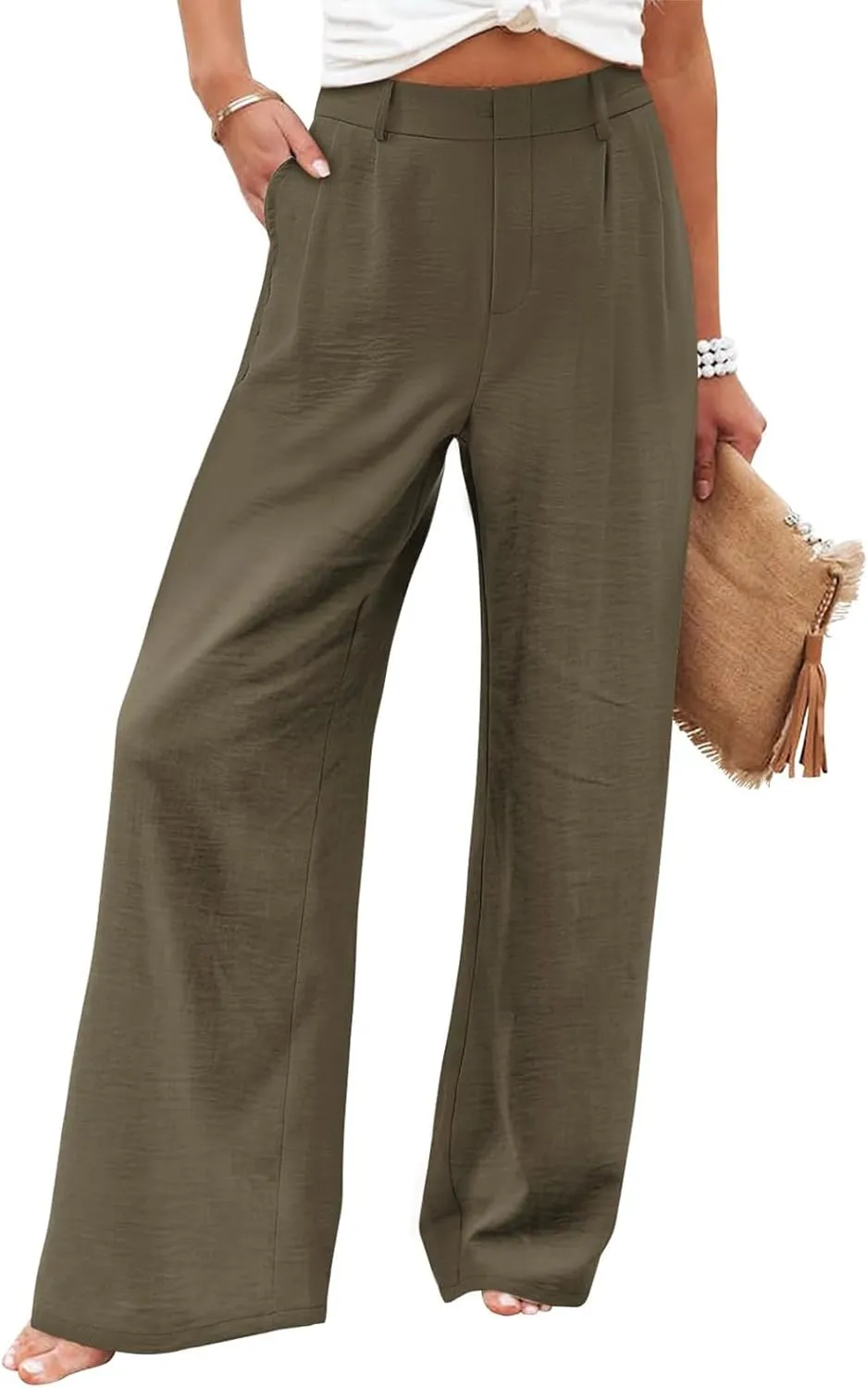 Linen Wide Leg Dress Pants Women Tummy Control Business Casual Pants with Pockets Lightweight Comfy Work Trousers