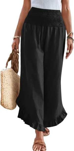 Linen Wide Leg Pants for Women Ruffle Hem Vacation Beach Pants with Pockets Comfy Smocked High Waisted Dance Pants