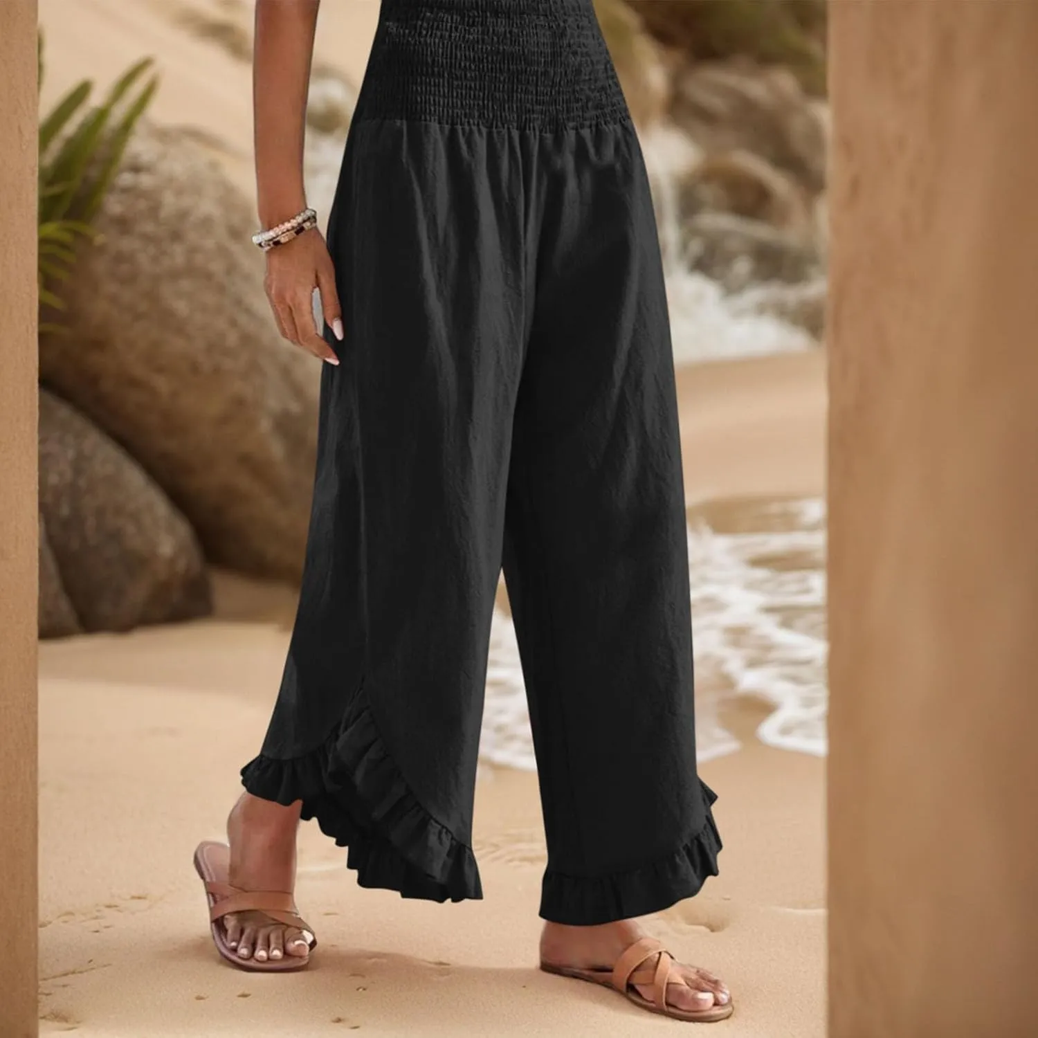 Linen Wide Leg Pants for Women Ruffle Hem Vacation Beach Pants with Pockets Comfy Smocked High Waisted Dance Pants