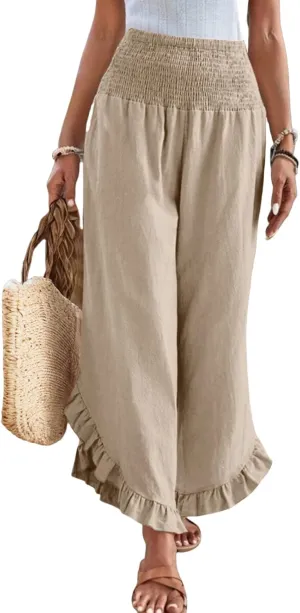Linen Wide Leg Pants for Women Ruffle Hem Vacation Beach Pants with Pockets Comfy Smocked High Waisted Dance Pants