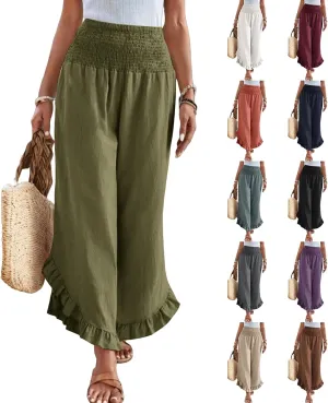 Linen Wide Leg Pants for Women Ruffle Hem Vacation Beach Pants with Pockets Comfy Smocked High Waisted Dance Pants