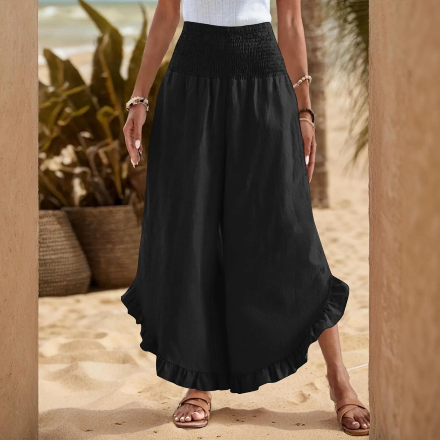 Linen Wide Leg Pants for Women Ruffle Hem Vacation Beach Pants with Pockets Comfy Smocked High Waisted Dance Pants