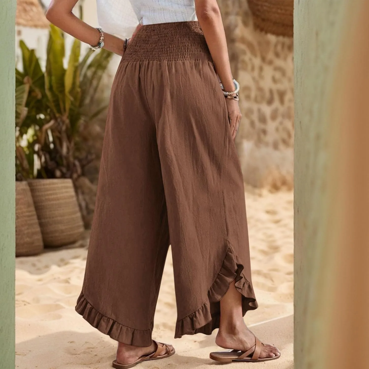 Linen Wide Leg Pants for Women Ruffle Hem Vacation Beach Pants with Pockets Comfy Smocked High Waisted Dance Pants