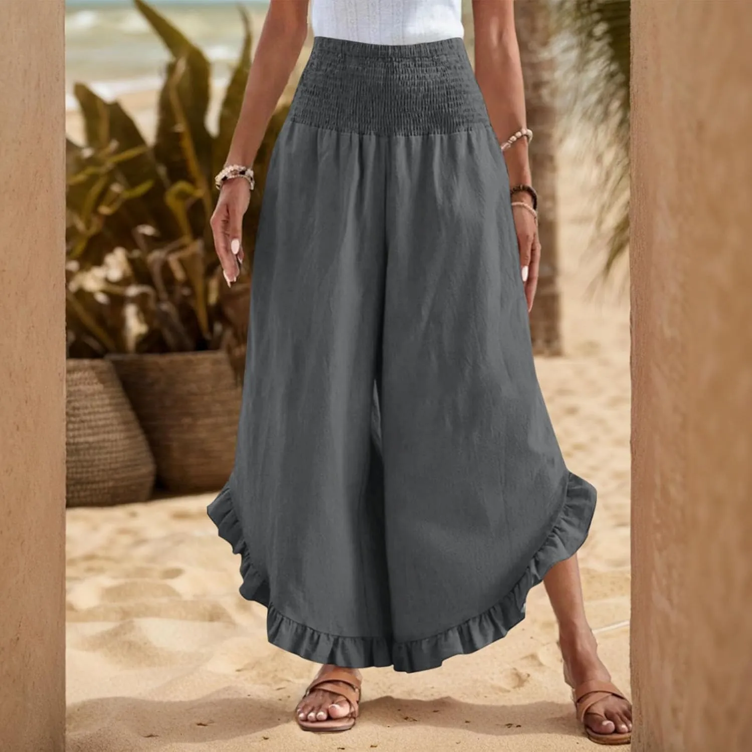 Linen Wide Leg Pants for Women Ruffle Hem Vacation Beach Pants with Pockets Comfy Smocked High Waisted Dance Pants