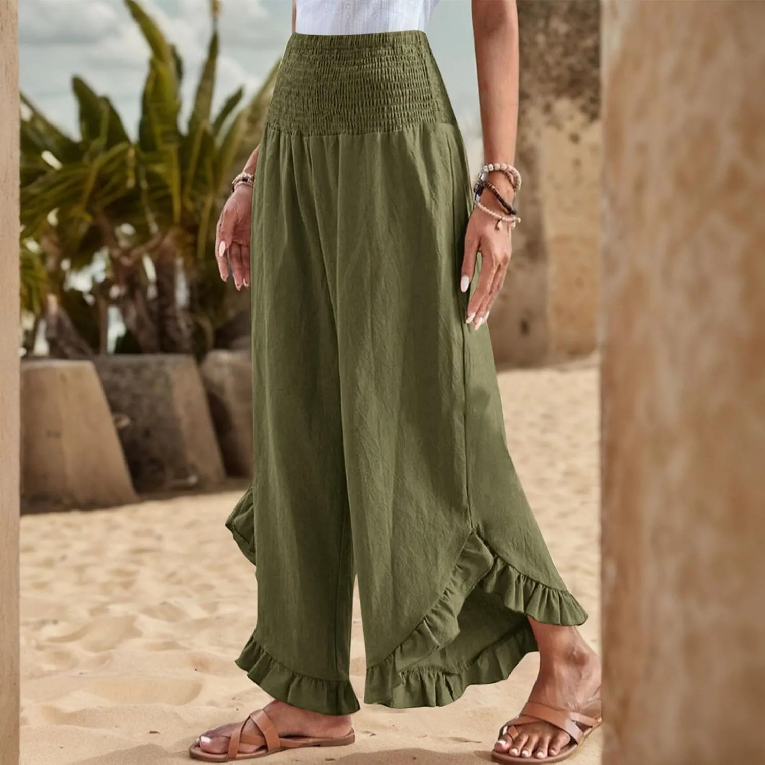 Linen Wide Leg Pants for Women Ruffle Hem Vacation Beach Pants with Pockets Comfy Smocked High Waisted Dance Pants