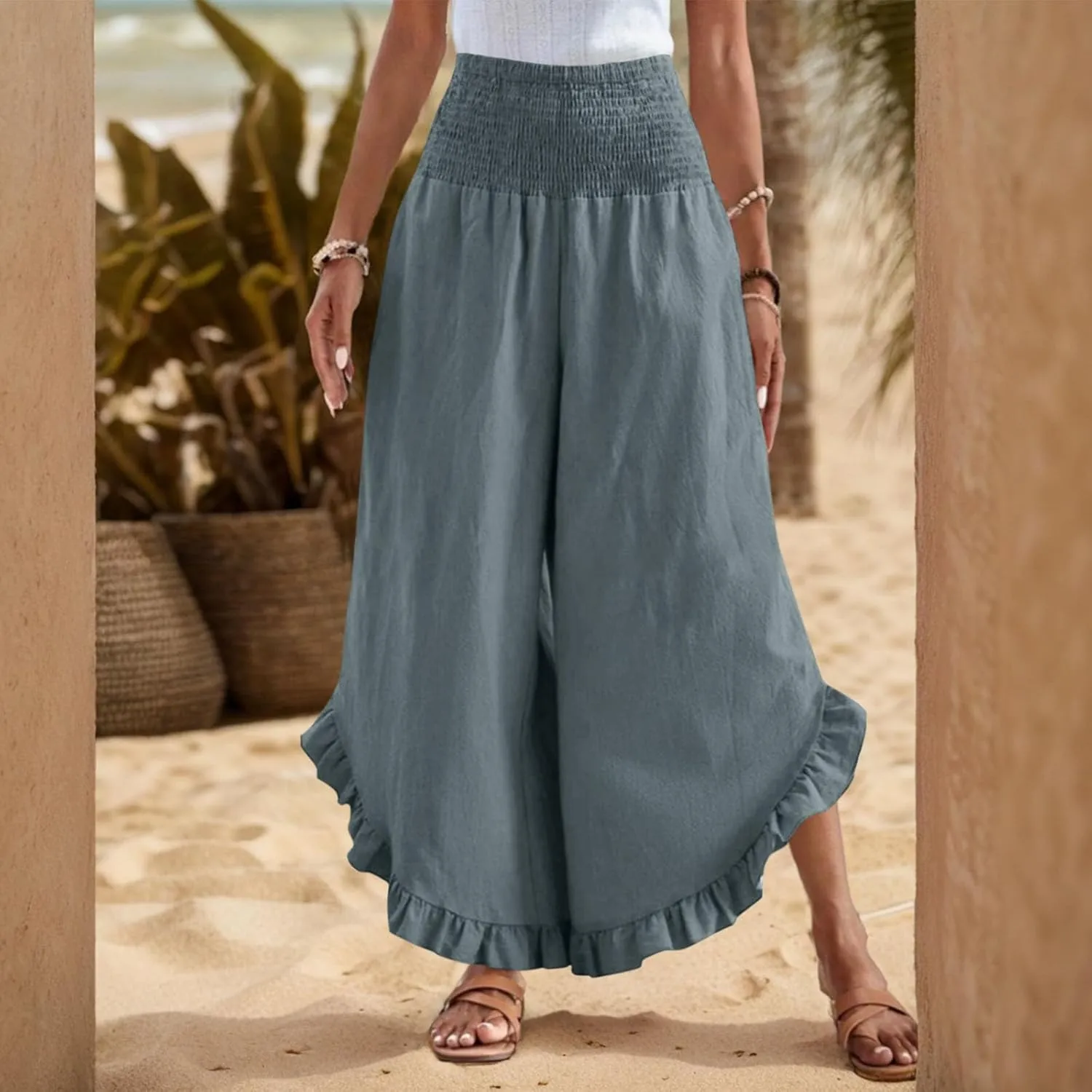 Linen Wide Leg Pants for Women Ruffle Hem Vacation Beach Pants with Pockets Comfy Smocked High Waisted Dance Pants