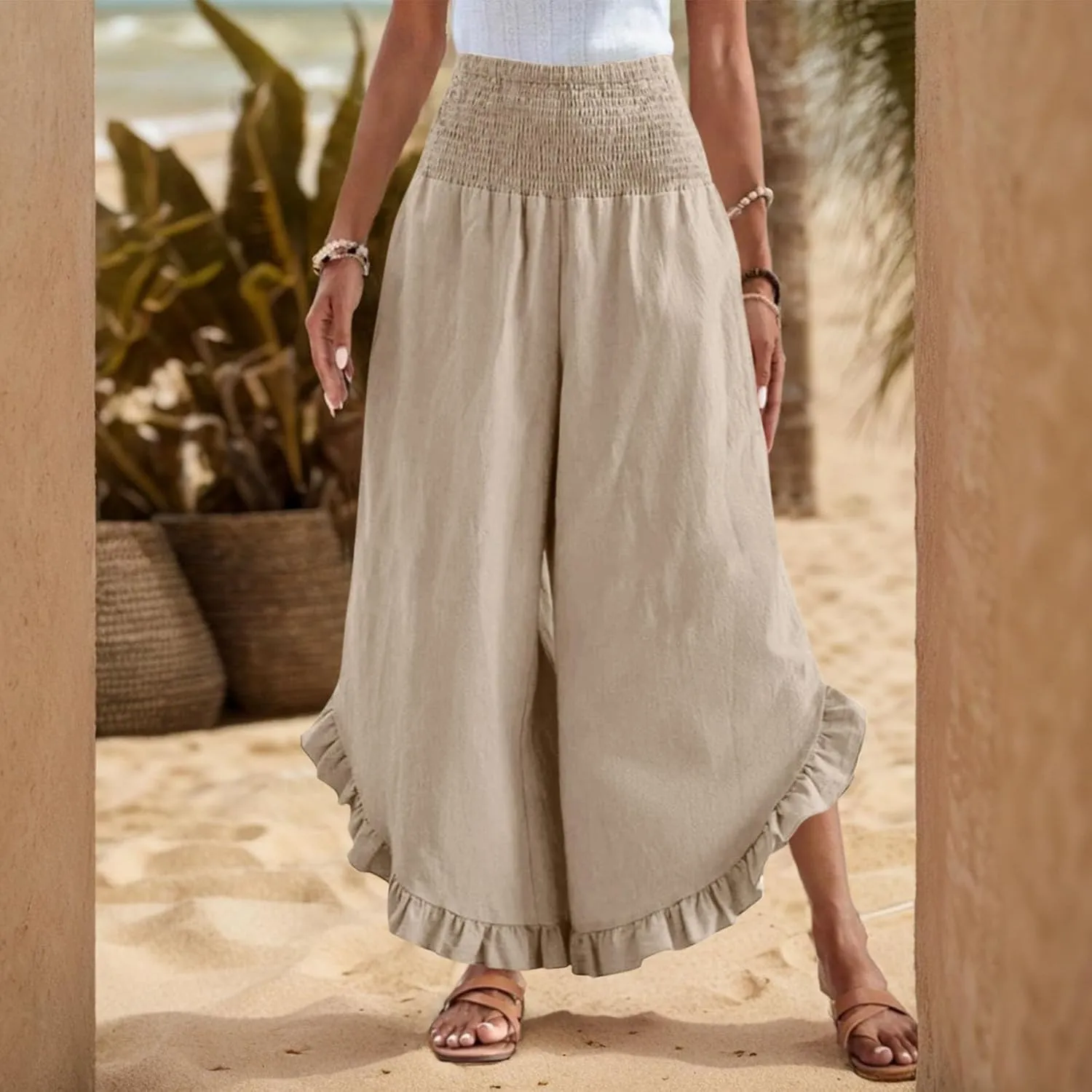 Linen Wide Leg Pants for Women Ruffle Hem Vacation Beach Pants with Pockets Comfy Smocked High Waisted Dance Pants