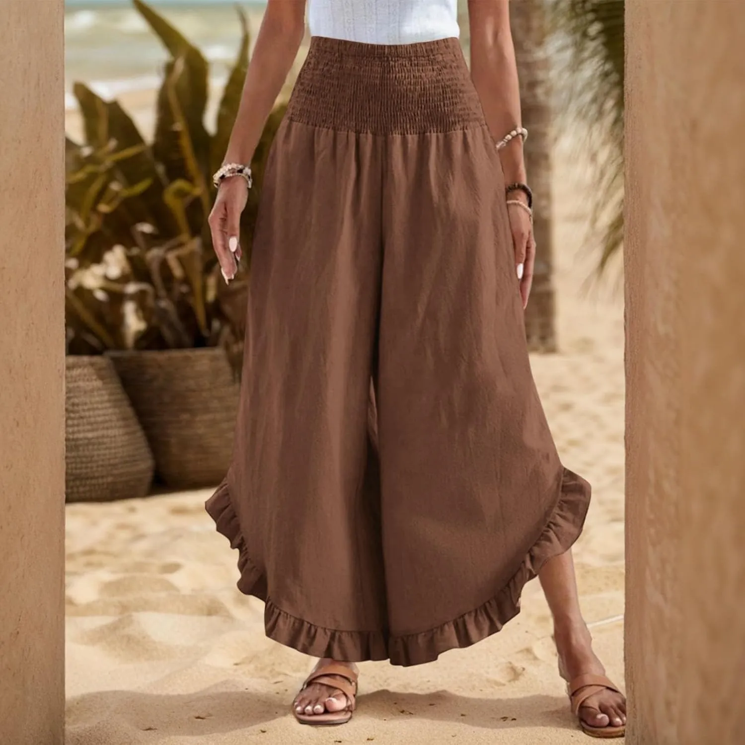 Linen Wide Leg Pants for Women Ruffle Hem Vacation Beach Pants with Pockets Comfy Smocked High Waisted Dance Pants