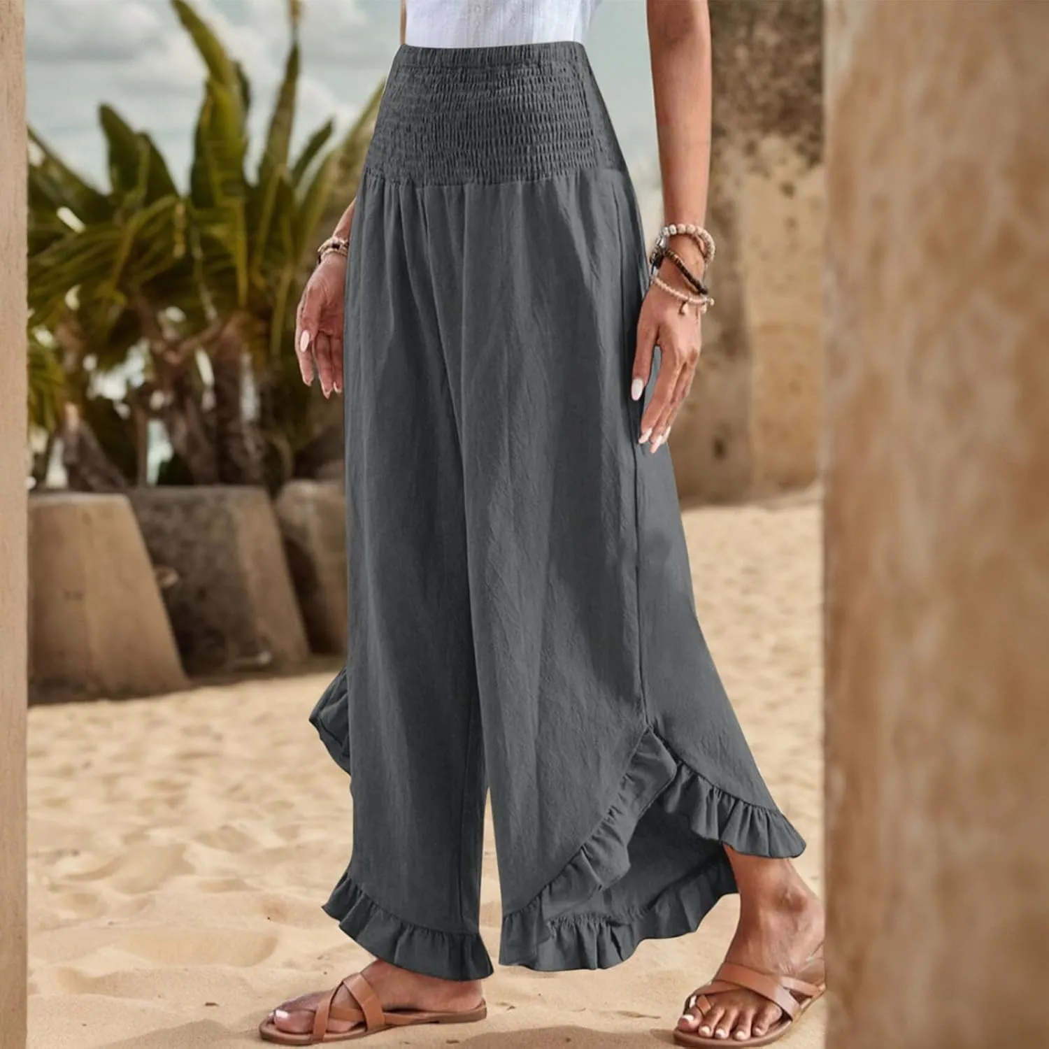 Linen Wide Leg Pants for Women Ruffle Hem Vacation Beach Pants with Pockets Comfy Smocked High Waisted Dance Pants