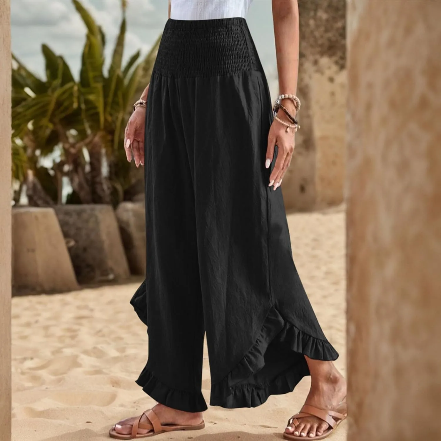 Linen Wide Leg Pants for Women Ruffle Hem Vacation Beach Pants with Pockets Comfy Smocked High Waisted Dance Pants