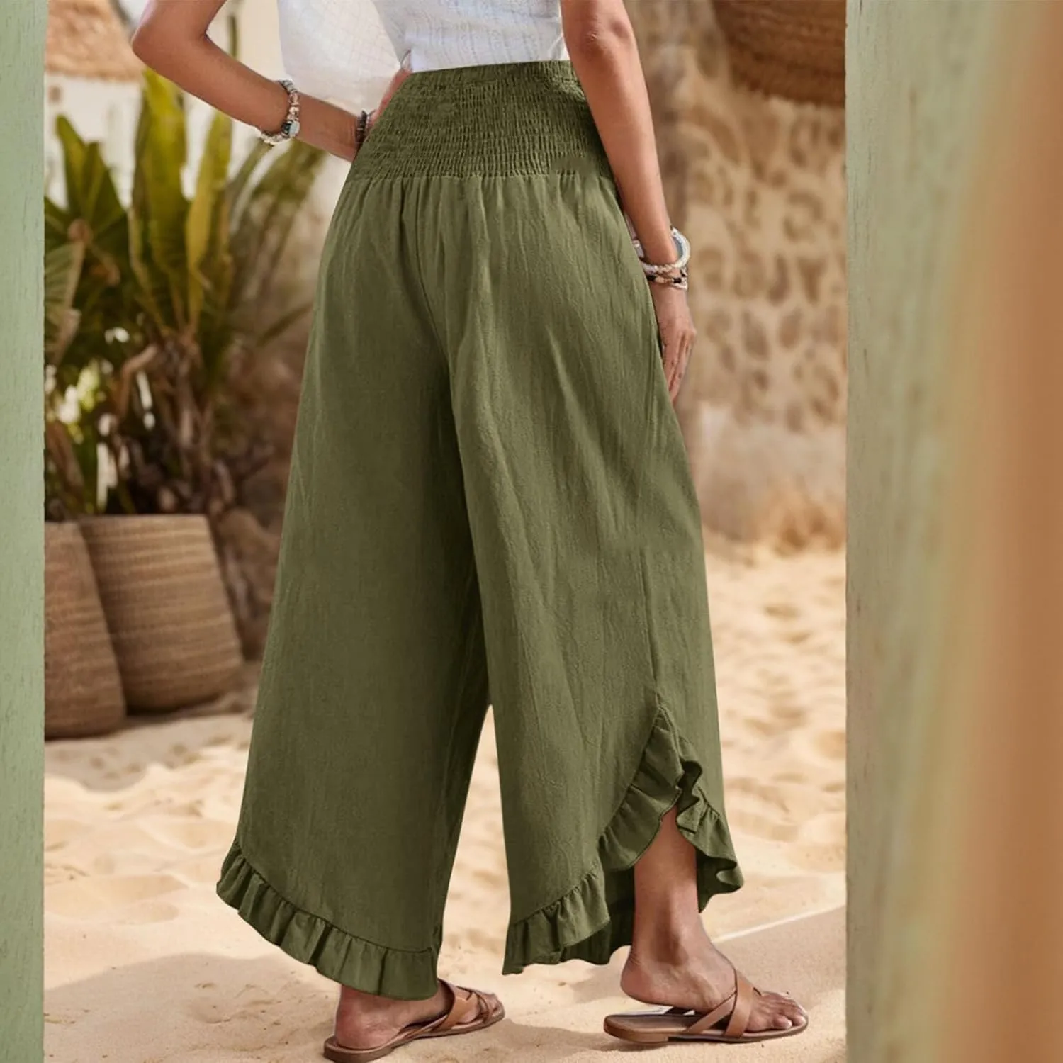 Linen Wide Leg Pants for Women Ruffle Hem Vacation Beach Pants with Pockets Comfy Smocked High Waisted Dance Pants