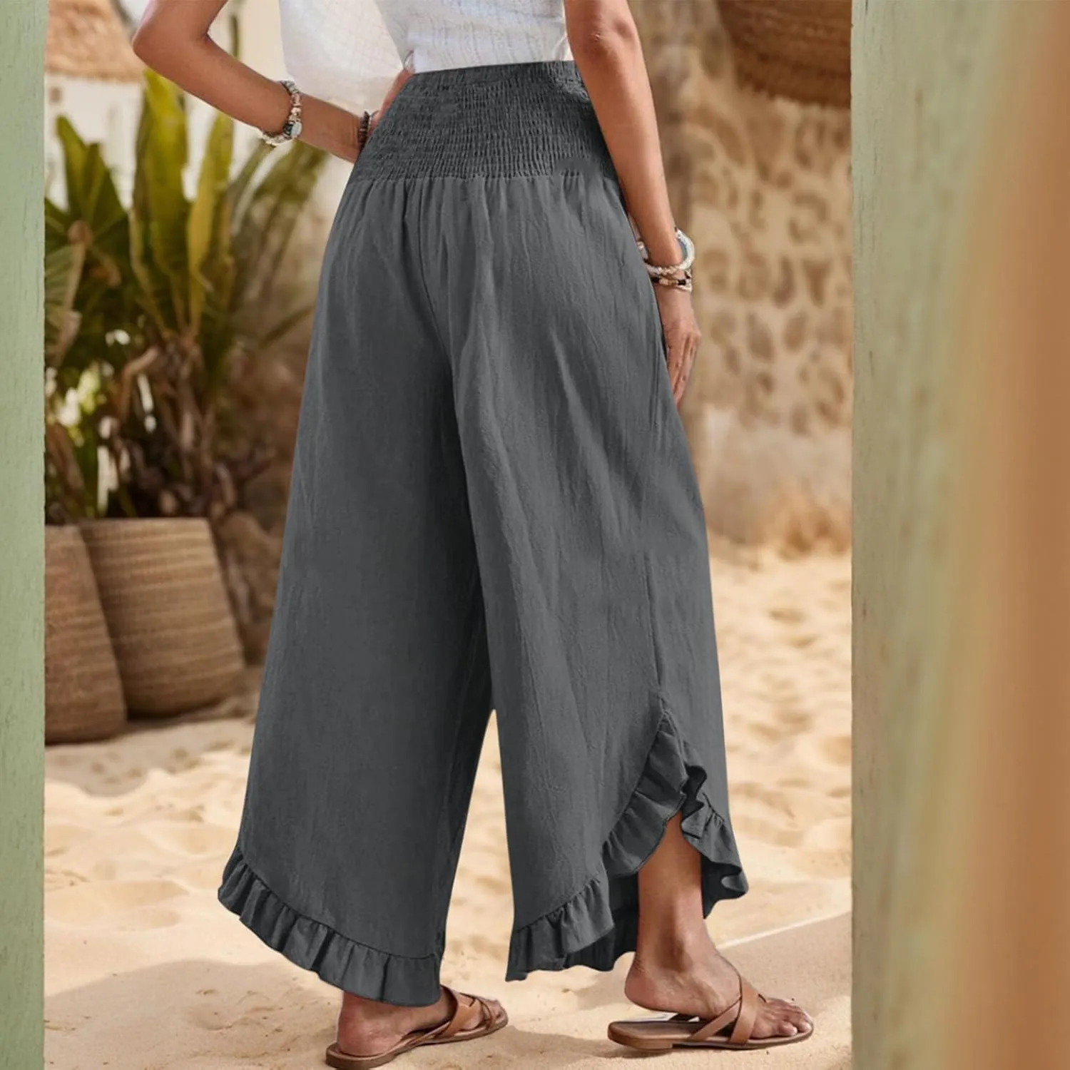 Linen Wide Leg Pants for Women Ruffle Hem Vacation Beach Pants with Pockets Comfy Smocked High Waisted Dance Pants