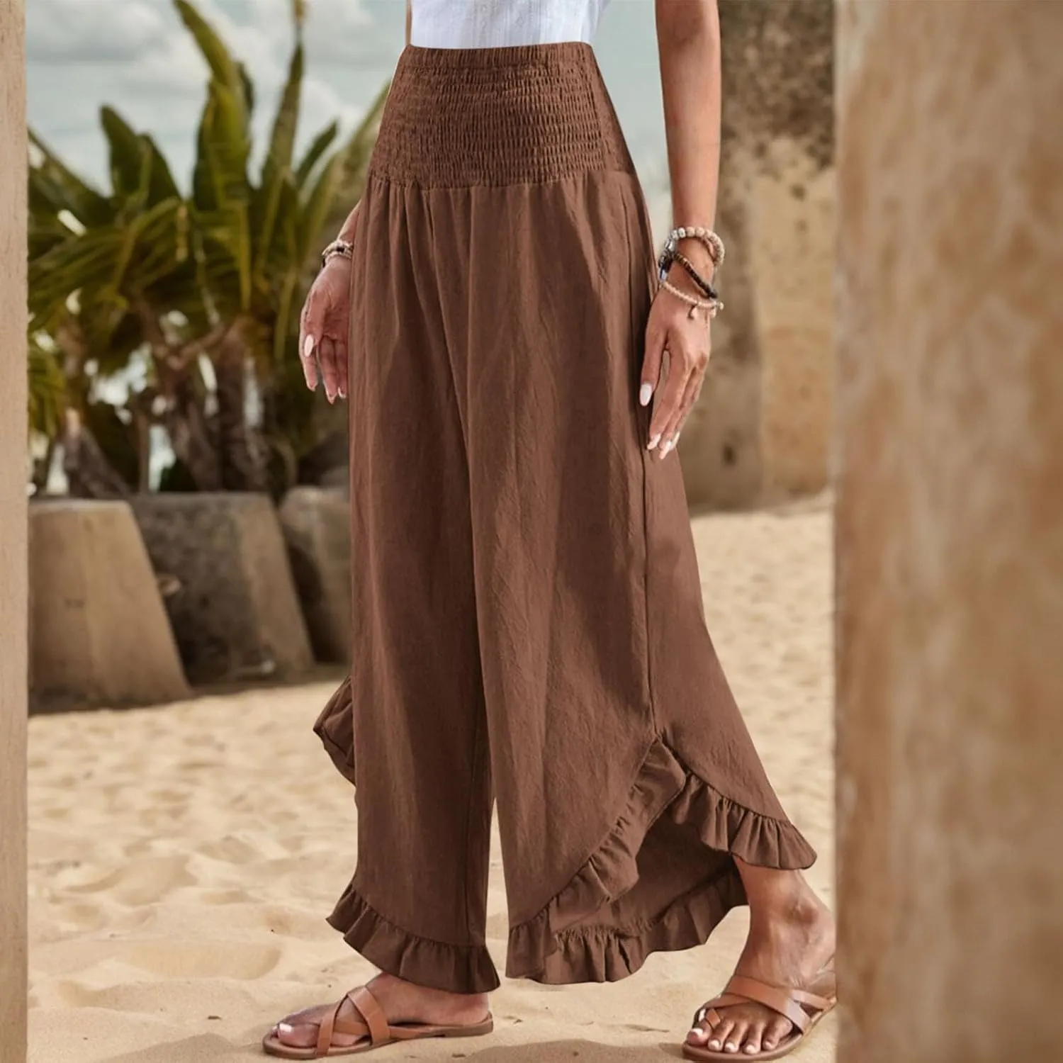 Linen Wide Leg Pants for Women Ruffle Hem Vacation Beach Pants with Pockets Comfy Smocked High Waisted Dance Pants