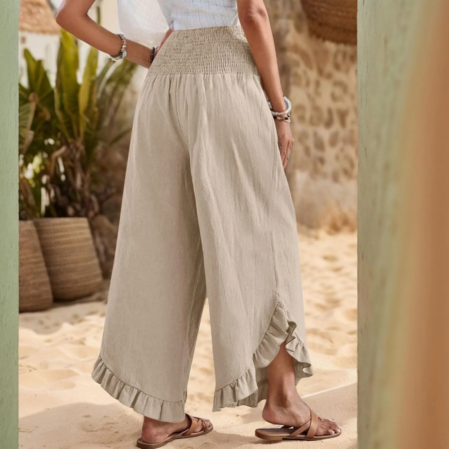 Linen Wide Leg Pants for Women Ruffle Hem Vacation Beach Pants with Pockets Comfy Smocked High Waisted Dance Pants
