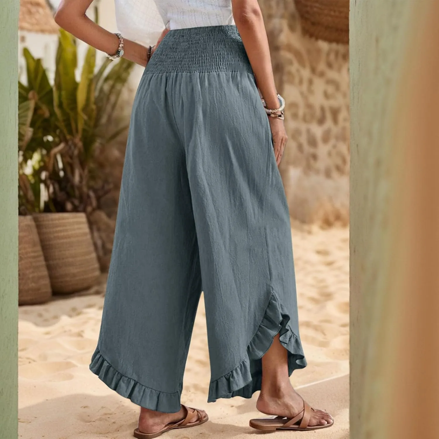 Linen Wide Leg Pants for Women Ruffle Hem Vacation Beach Pants with Pockets Comfy Smocked High Waisted Dance Pants