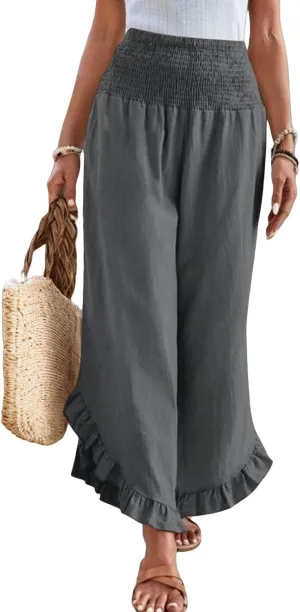Linen Wide Leg Pants for Women Ruffle Hem Vacation Beach Pants with Pockets Comfy Smocked High Waisted Dance Pants
