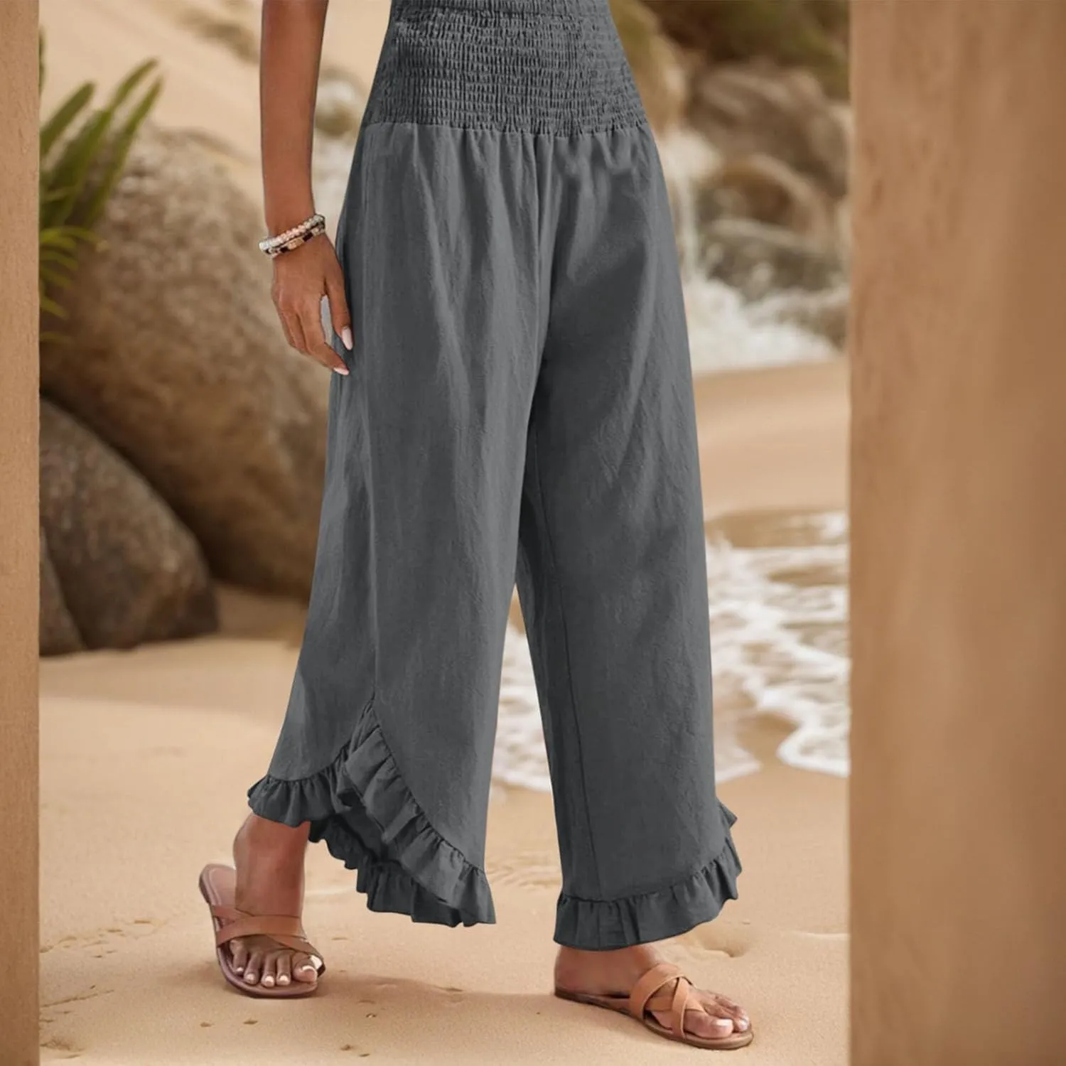 Linen Wide Leg Pants for Women Ruffle Hem Vacation Beach Pants with Pockets Comfy Smocked High Waisted Dance Pants