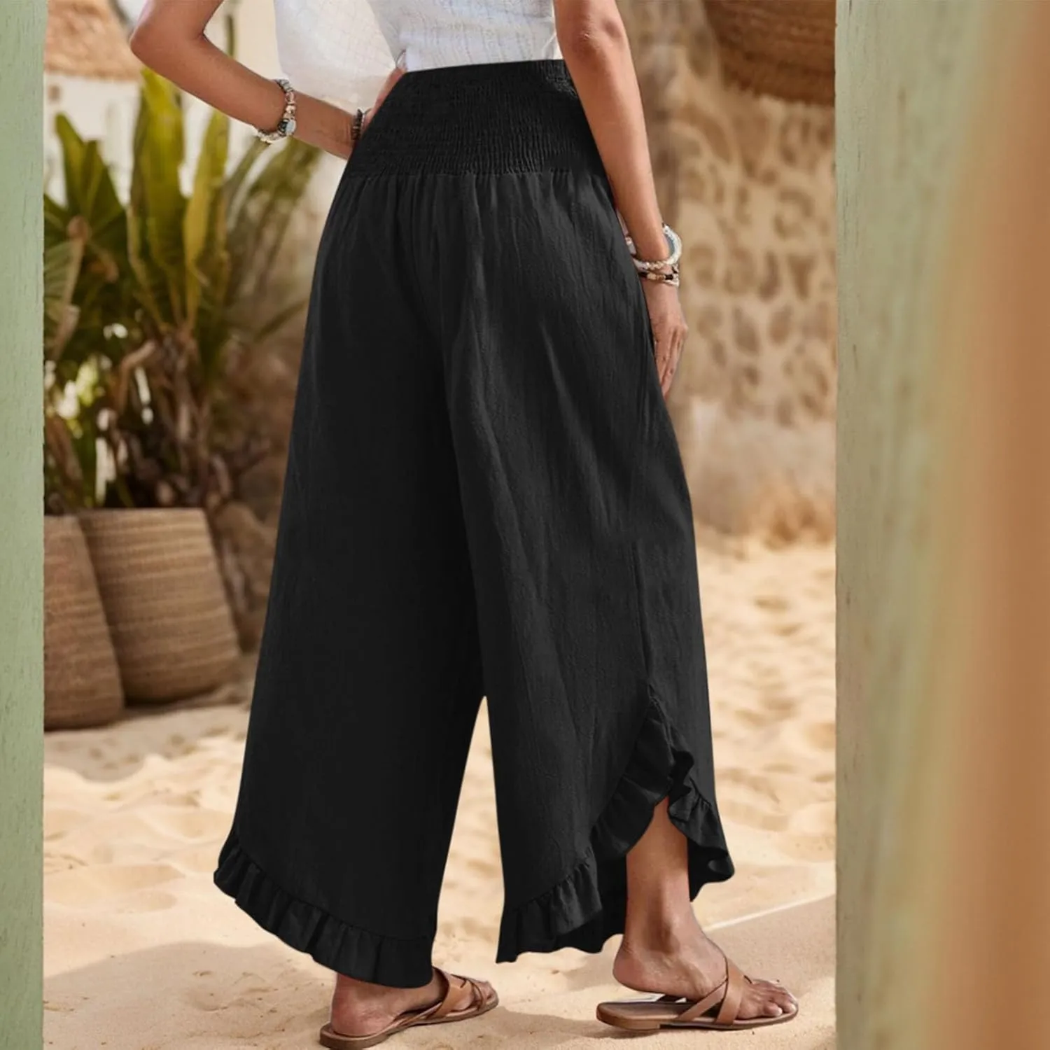 Linen Wide Leg Pants for Women Ruffle Hem Vacation Beach Pants with Pockets Comfy Smocked High Waisted Dance Pants