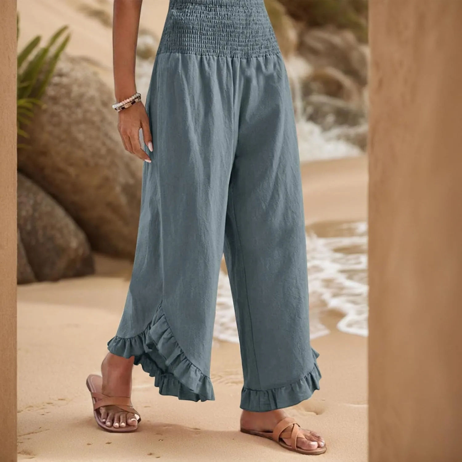 Linen Wide Leg Pants for Women Ruffle Hem Vacation Beach Pants with Pockets Comfy Smocked High Waisted Dance Pants