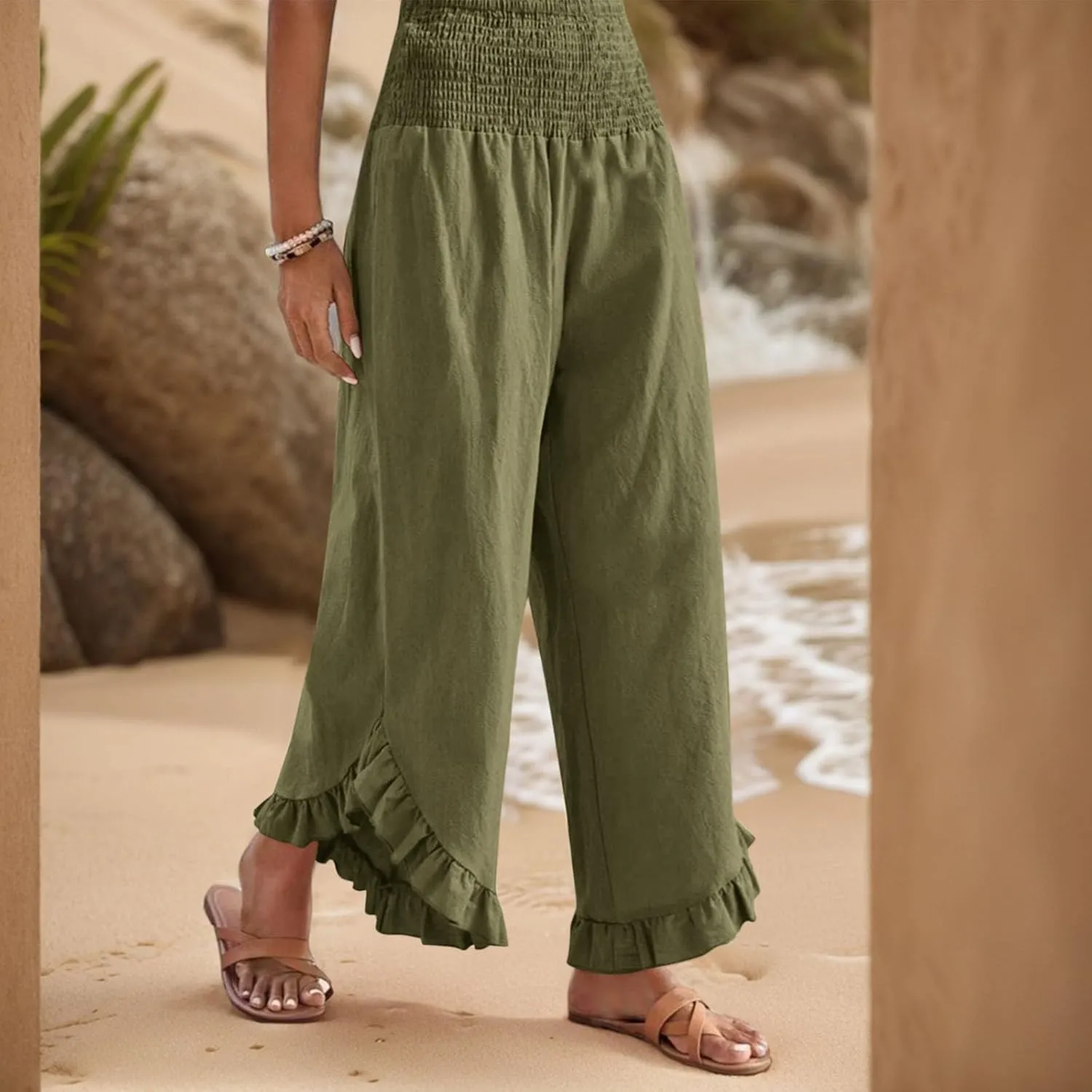 Linen Wide Leg Pants for Women Ruffle Hem Vacation Beach Pants with Pockets Comfy Smocked High Waisted Dance Pants
